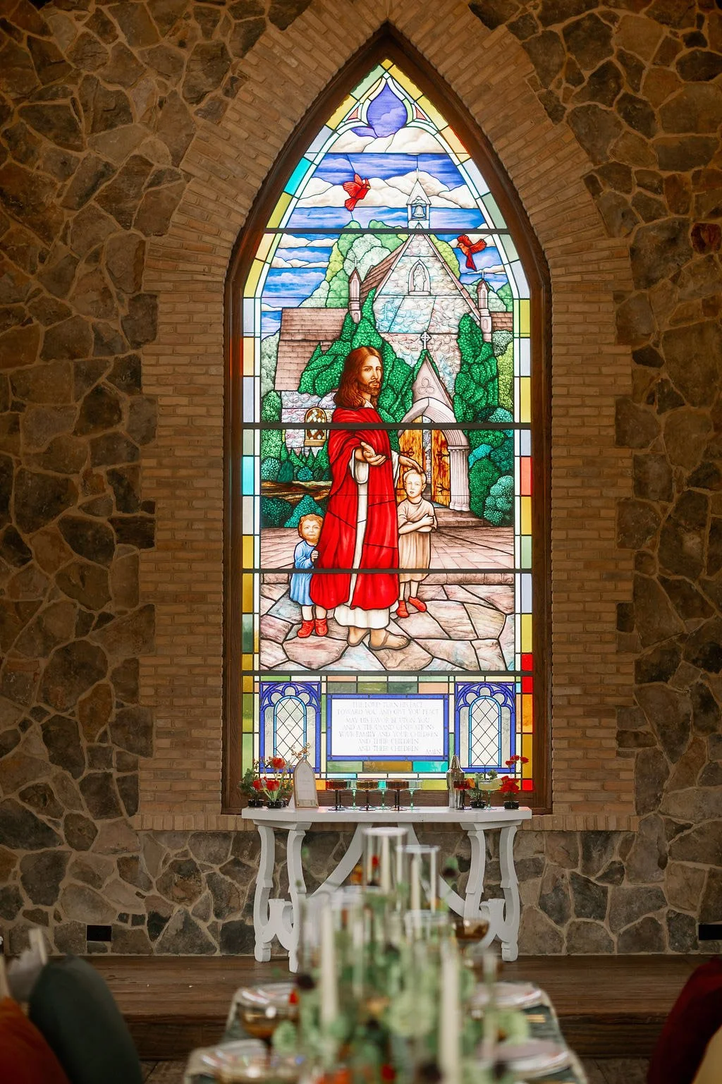  Stained glass window and stone interior inside The Little Chapel at Haven Ridge, Winston-Salem NC 
