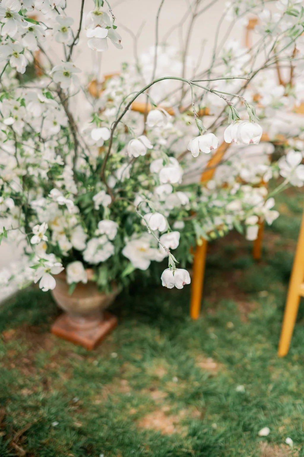  Urn of white sweet pea and dogwood blossoms at The Little Chapel at Haven Ridge, Winston-Salem 