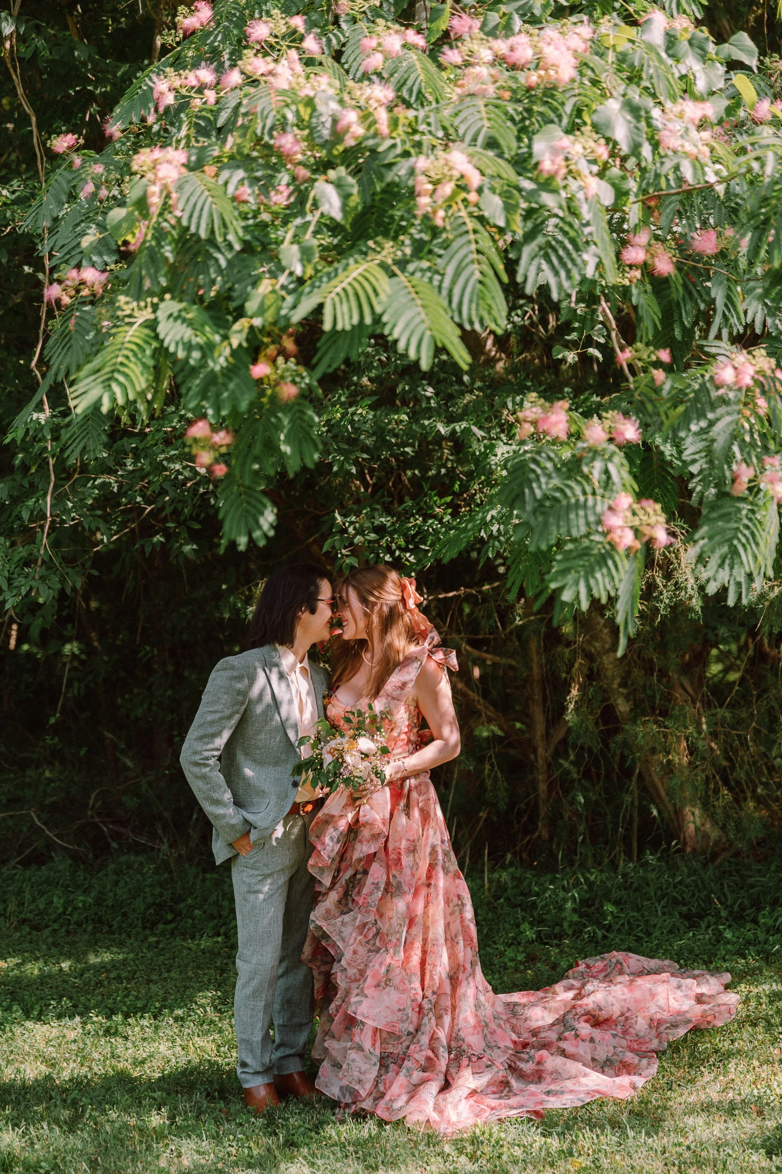 Intimate Wedding in Mocksville NC | Couple Under Blooming Mimosa Tree