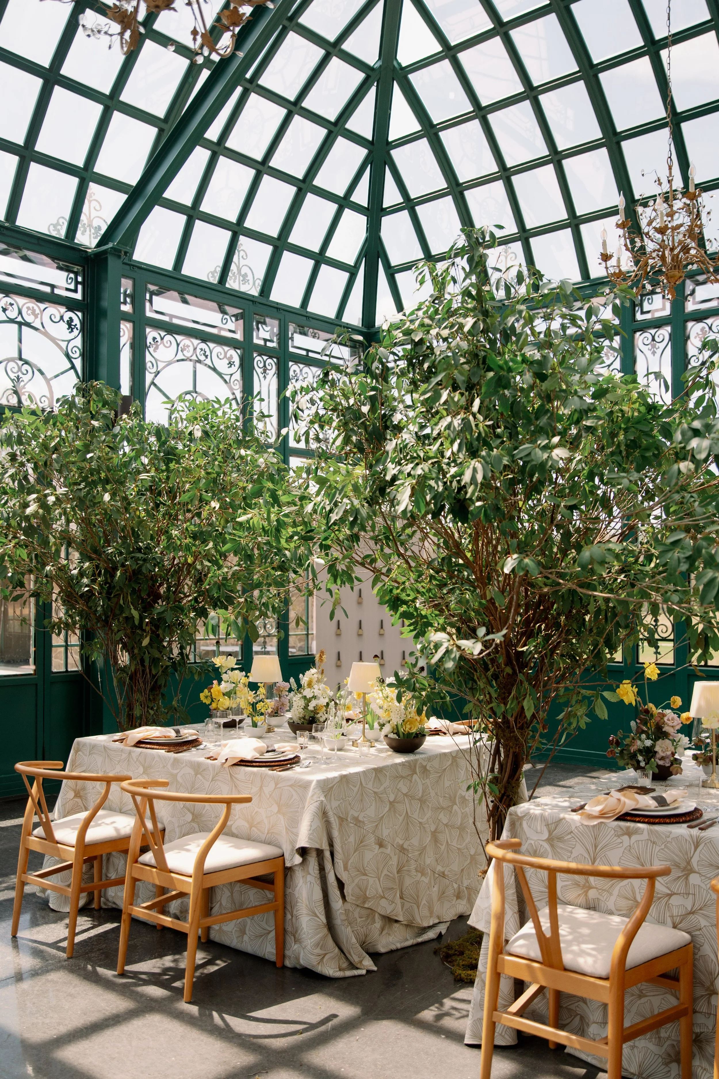 Elegant wedding reception table setting inside a stunning greenhouse venue with glass ceiling and lush greenery in Winston Salem NC