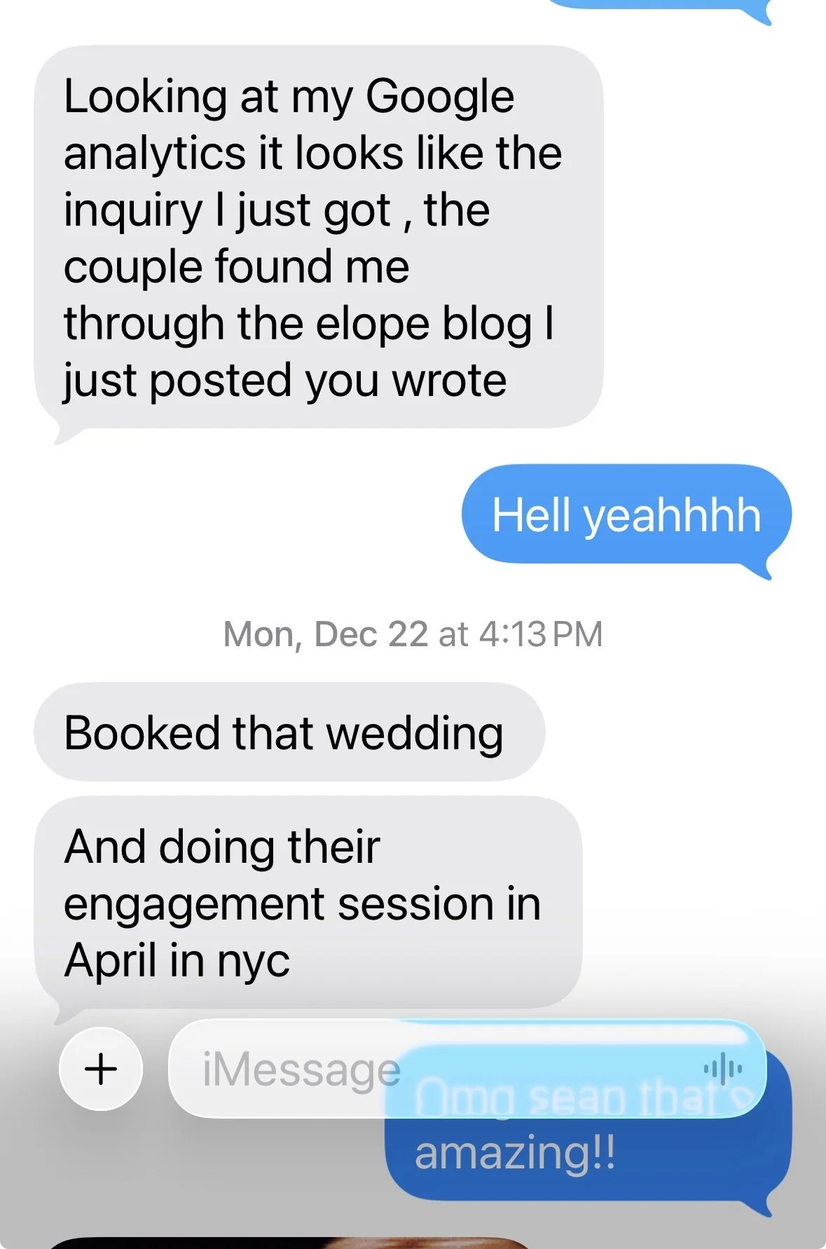 A screenshot of a text message conversation discussing Google analytics, booking a wedding, and an engagement session in NYC, with enthusiastic responses.
