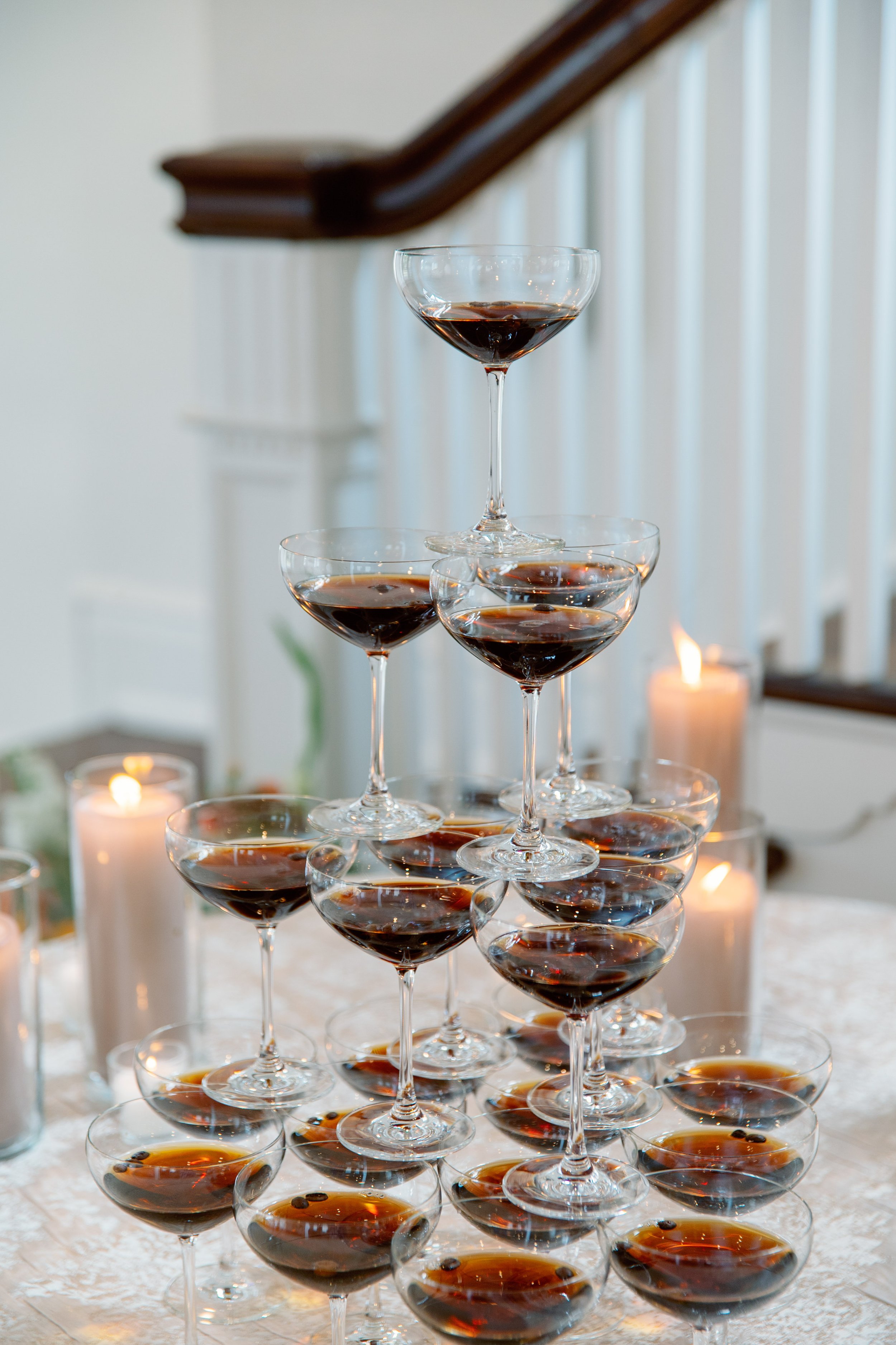 champagne coupe tower with candles at McAlister-Leftwich House wedding in Greensboro North Carolina