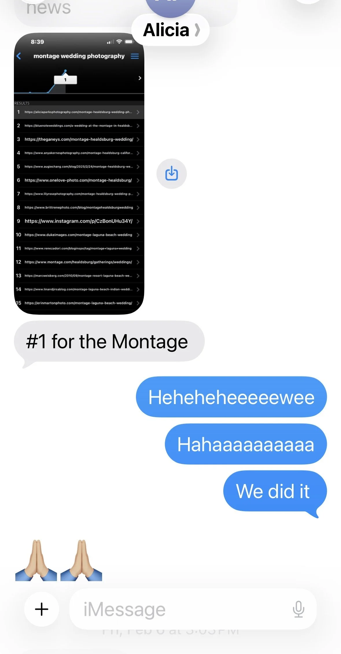 A screenshot of a phone displaying a list of wedding photography website links, with a chat conversation below. The chat shows a message about the first montage, with laughing and excited responses, and includes emoji of praying hands.