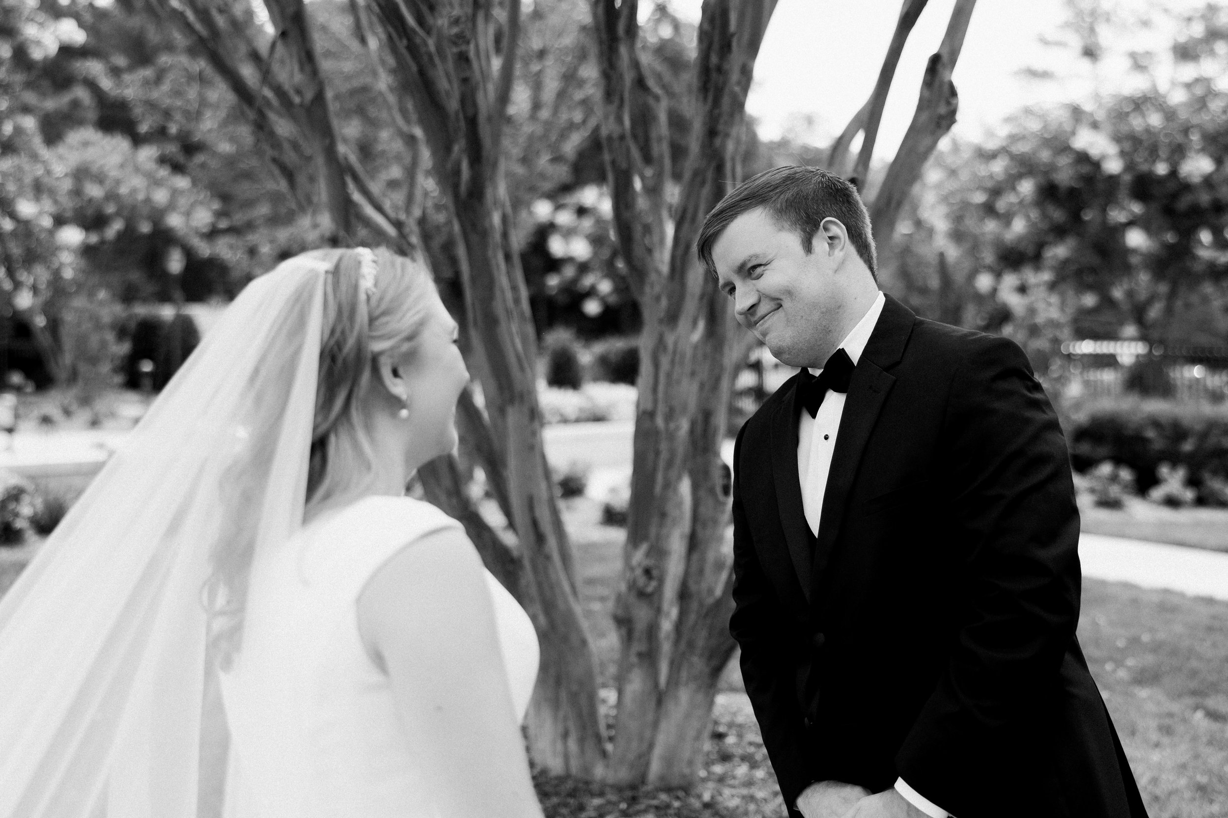 Black and White First Look Reaction Before Wedding at The Carolina Inn