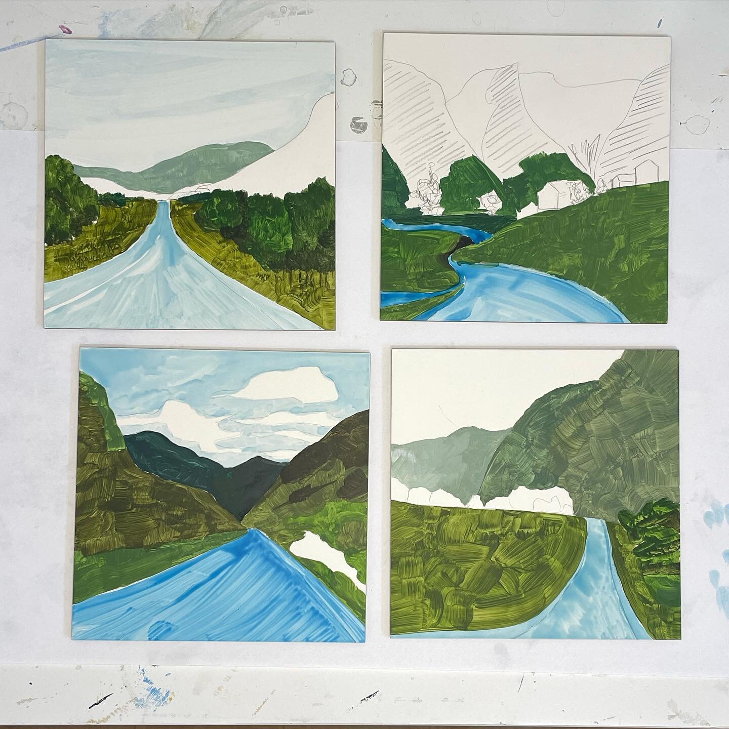 The early stages are fun&hellip;the end is good toO. The middle is not so great. We&rsquo;ll see where these go. 
.
.
.
.
.
#norway #roadtrip #originalart #painting #landscape #mountains #nordic #wip #studioscenes #claybord #smallart