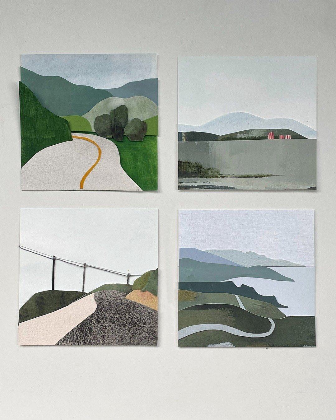 Working my way back into the studio with paper and scissors. Using bits of failed paintings and gicl&eacute;es. Two of these, I had already made a while back. Working on four more for a little collection of eight. They are wee-sized, at 4&quot; x 4&q