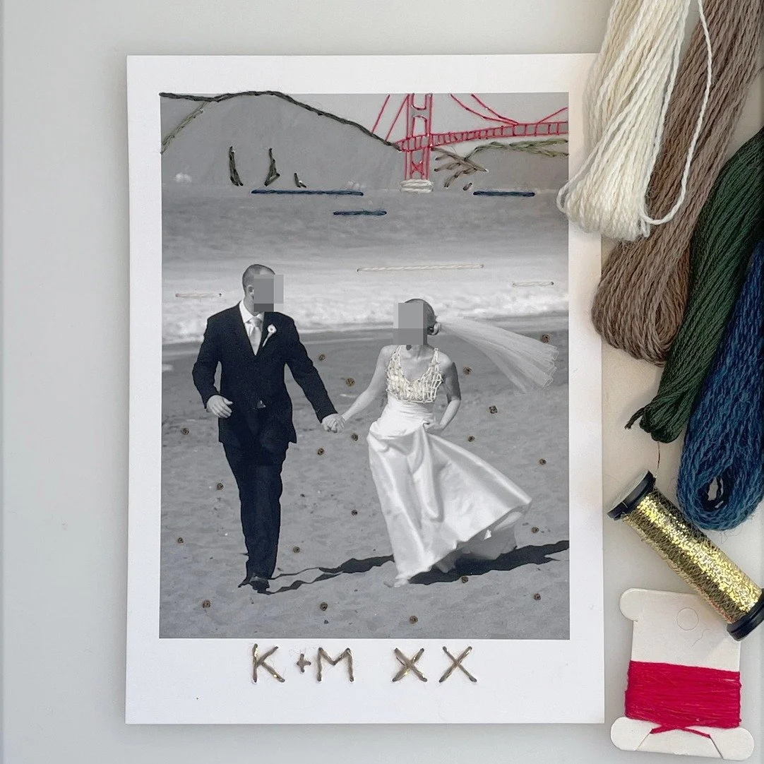 Friends recently celebrated 20 years of marriage. I printed a wedding photo on thick 100% cotton paper and embellished with a bit of embroidery floss. A favorite combo for a beautiful couple.

#embroideryonpaper #weddinggift