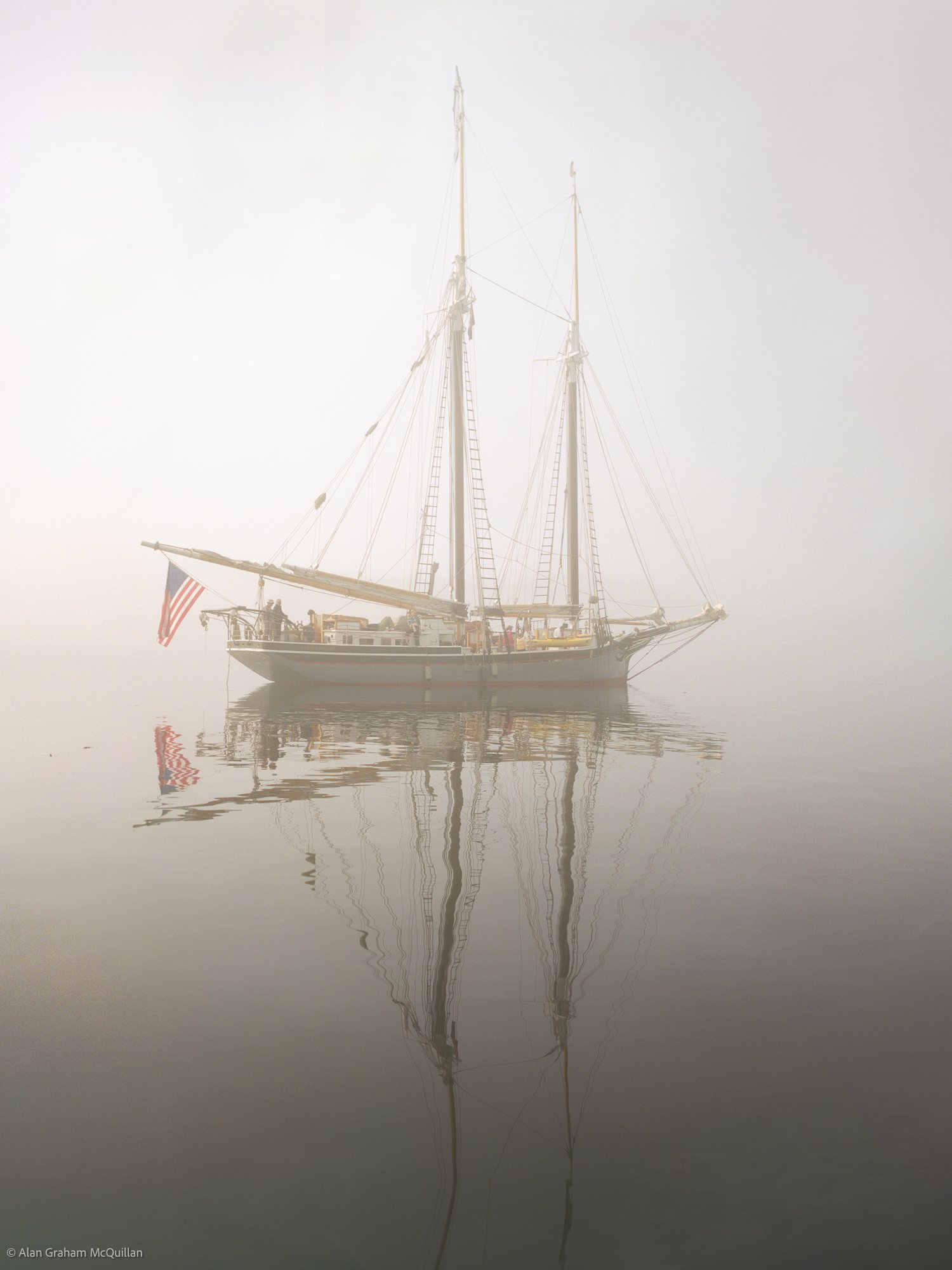 Schooner 'Lewis R. French' in fog, Penobscot Bay, Maine