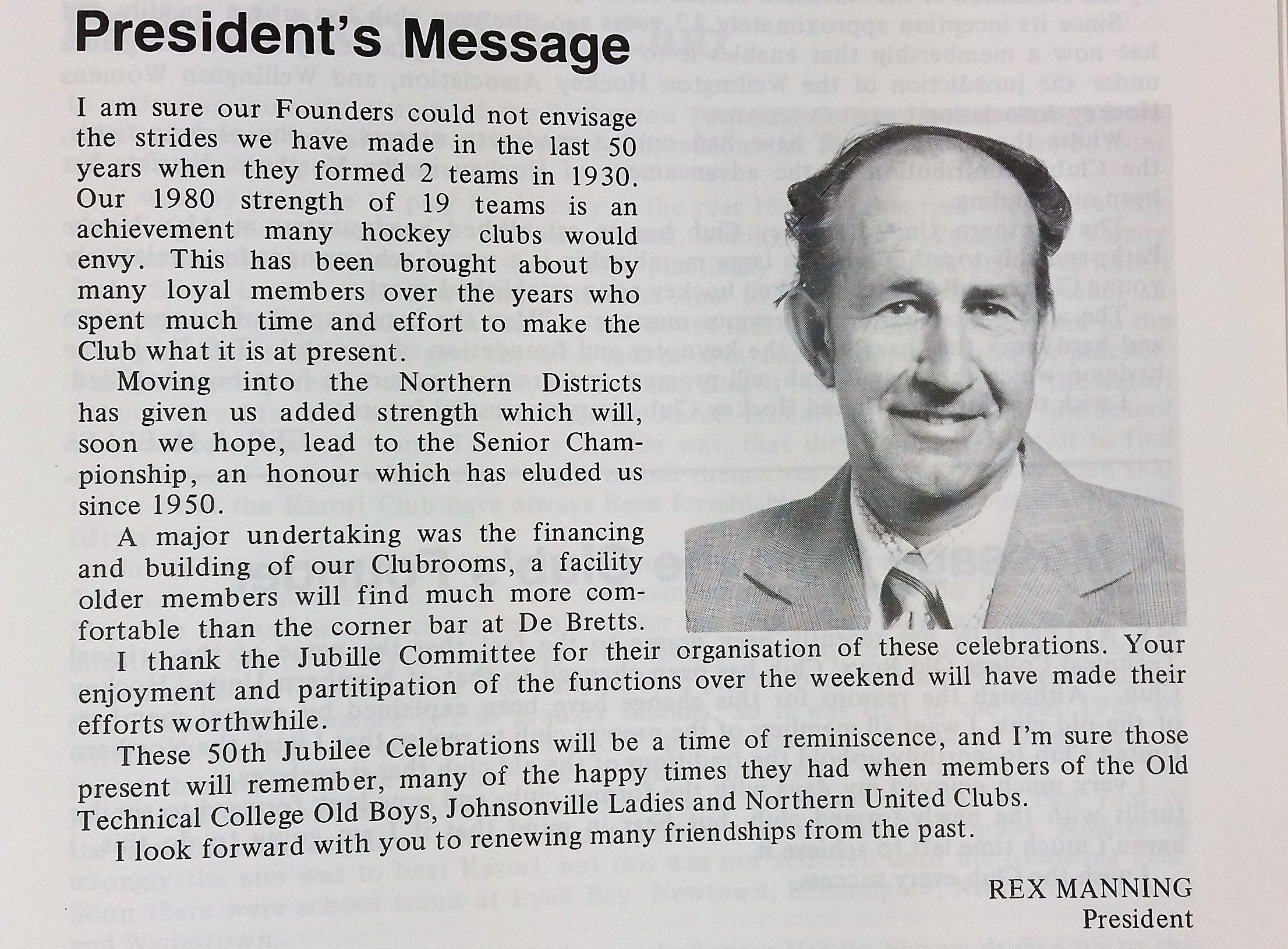 President’s message from the 50th Jubilee booklet, 1980