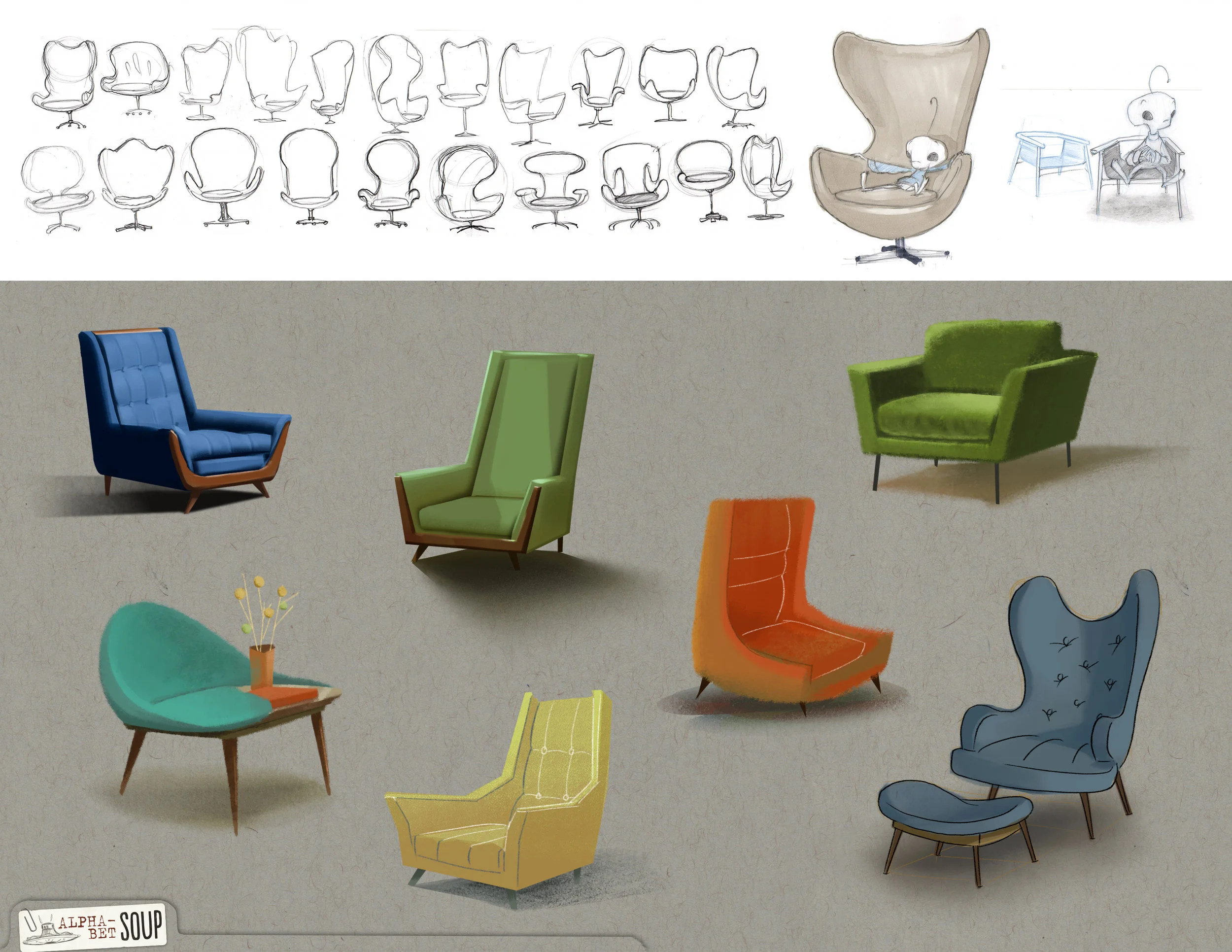 Exploring some different chair designs. I was particularly taken by Arne Jacobsen's famous Egg Chair because it made such an interesting contrast with Harold's size. This was also an opportunity to explore some color and material styles. 