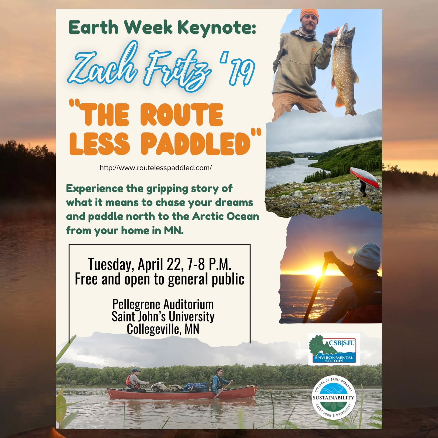 This is BIG
Zach Fritz, former LVI Director, will be the keynote speaker for Saint John's University's upcoming Earth Week celebration🎉🌏
Zach will be presenting on his and Taylor Rau's LEGENDARY canoe expedition from Minnesota to the Arctic Ocean