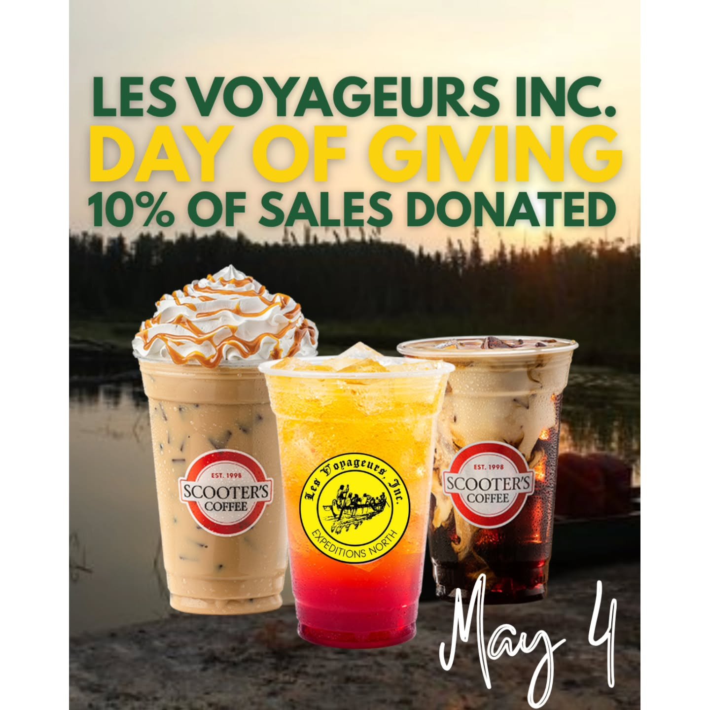 Coffee Collab PART 2 ❗️🗣
THIS Sunday, May 4, 10% of sales made at ALL Scooter's Coffee locations will be donated to Les Voyageurs❤️🌲
If you needed an excuse to grab some quality brew for your Sunday morning, we've got you!
The best part? 80% of