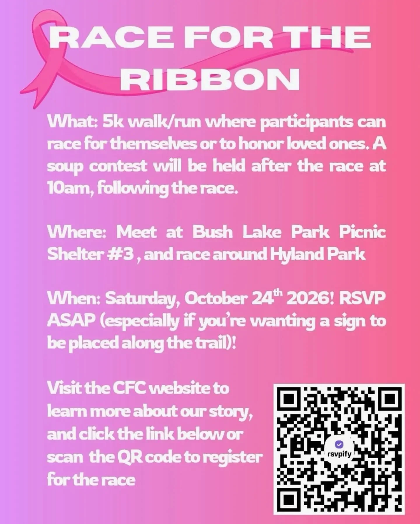 Race for the ribbon with us on Saturday, Oct 24th! 🏁

Carter Klein is a 2025 Les Voyageurs alum who founded the non-profit Care for the Cure, whose mission is to bring "comfort, community, and hope" to families that are battling with breas