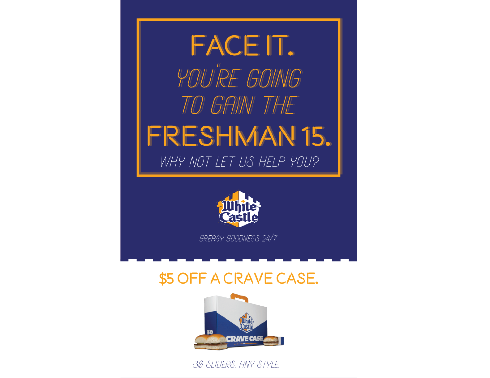 Direct mail would be sent to freshman dorms that are in close proximity to a White Castle.