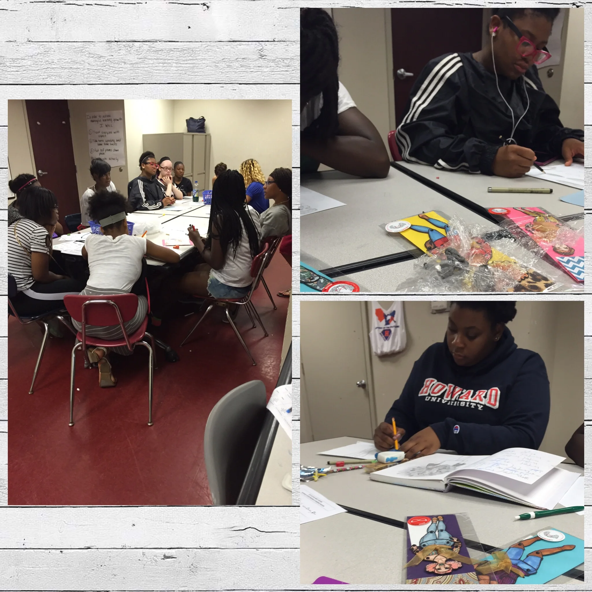 PEARLS summer group. Girls busy drawing their dolls.
