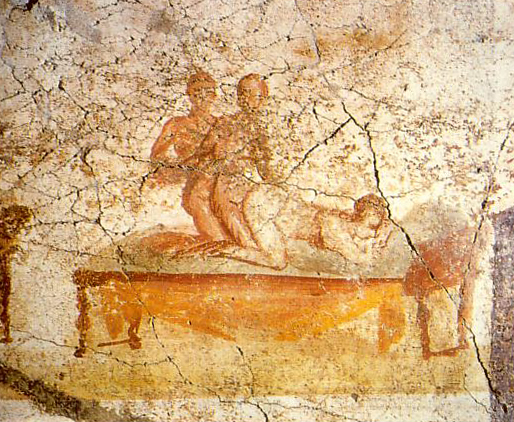Threesome from the Suburban Baths in Pompeii, depicting a sexual scenario as described also by Catullus, Carmen 56