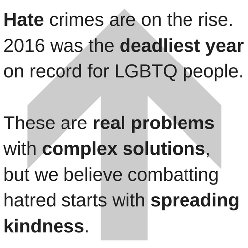 Hate crimes are on the rise, and 2016 was the deadliest year on record for LGBTQ people. These are real problems with complex solutions, but we are convinced that it starts by spreading kindness. (9).jpg
