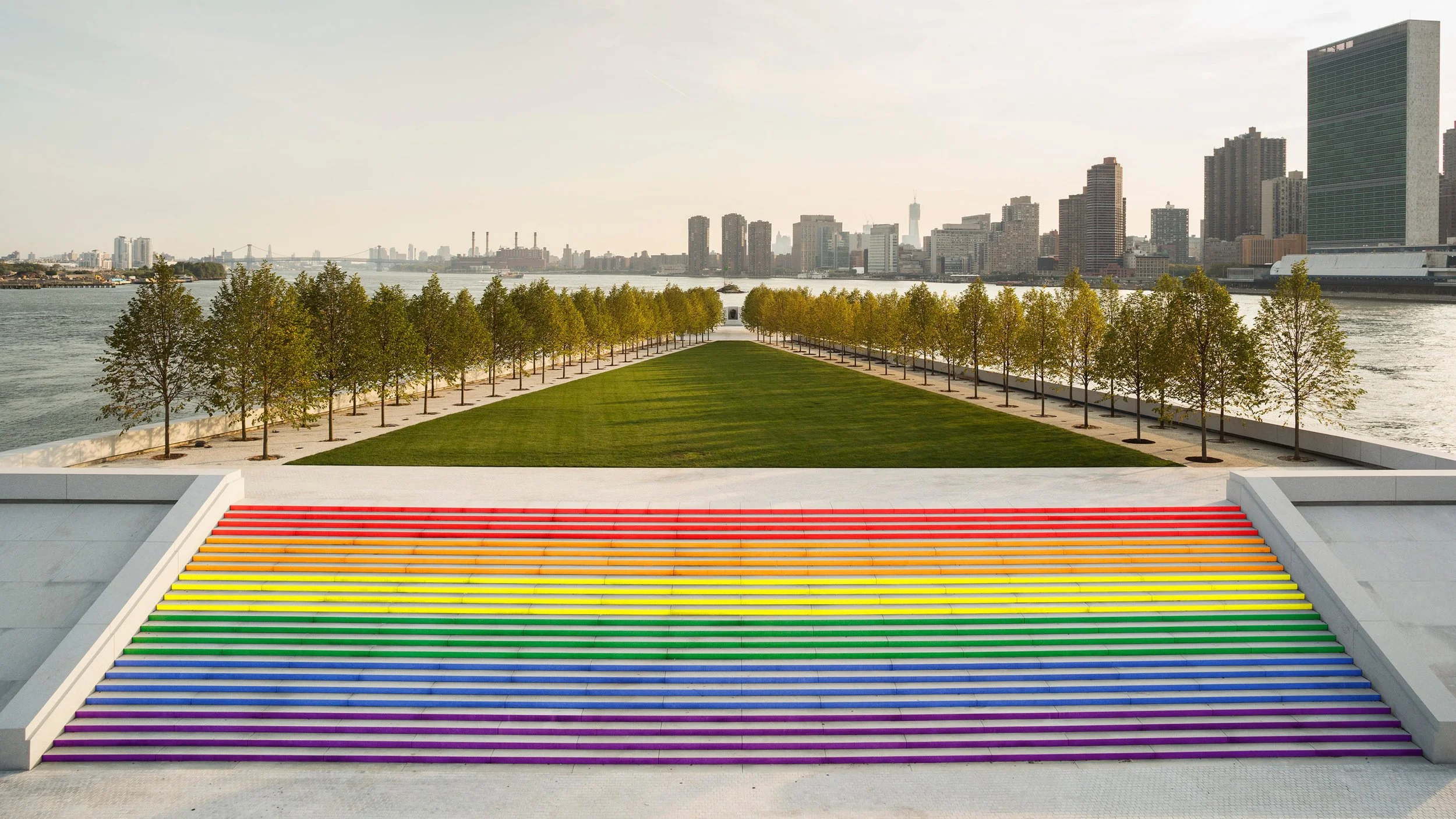 VideoOut will record your story in front of the gorgeous stairs that lead to the lawn at Four Freedoms State Park on Roosevelt Island.