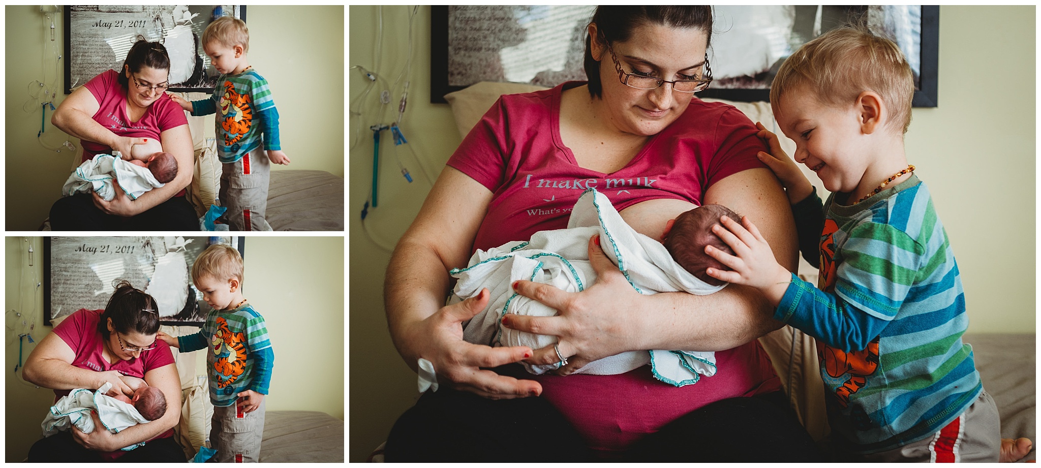 new mom holding newborn with toddler kissing baby