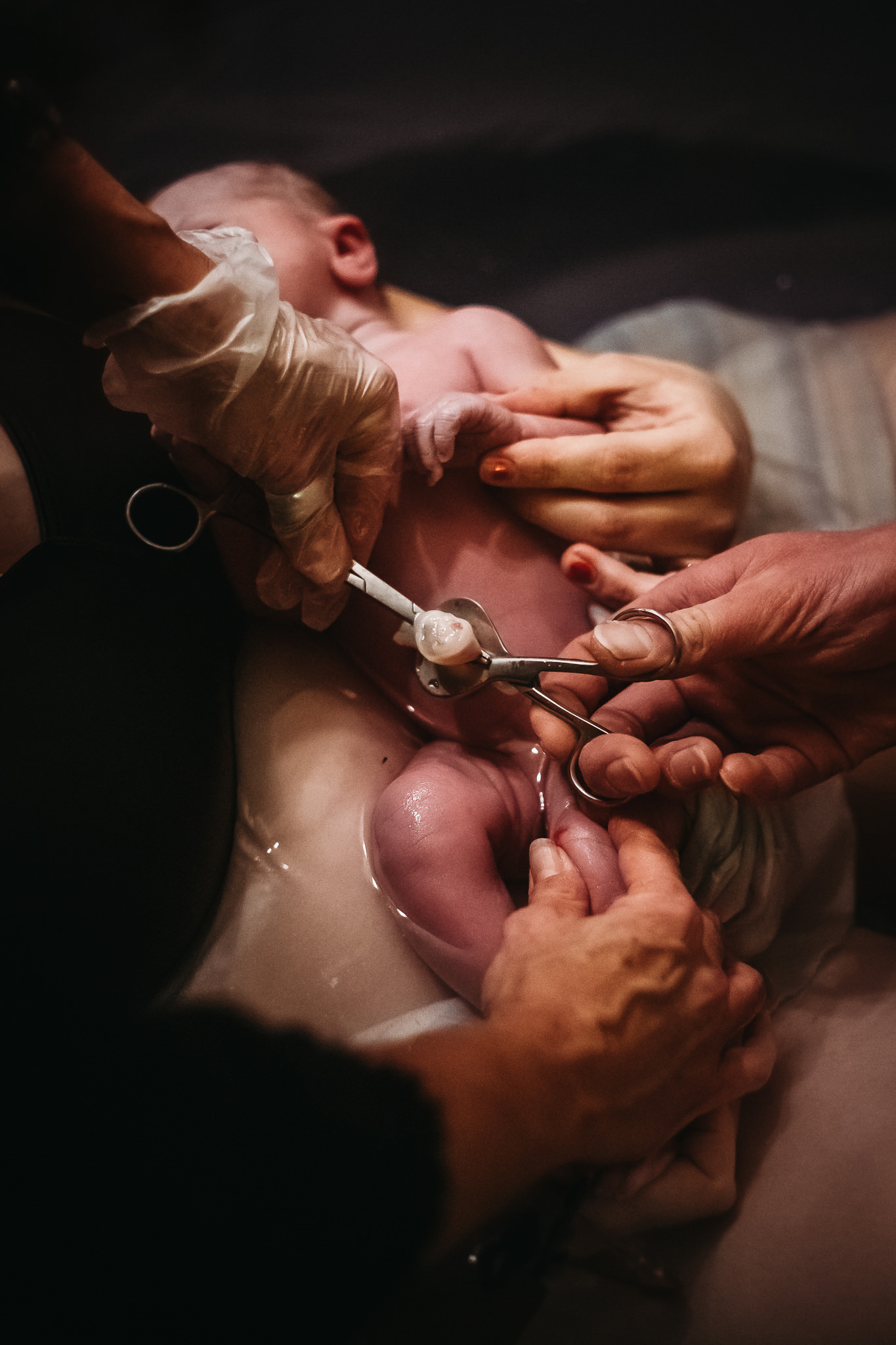 midwife cutting cord of newborn during birh in Chilliwack BC