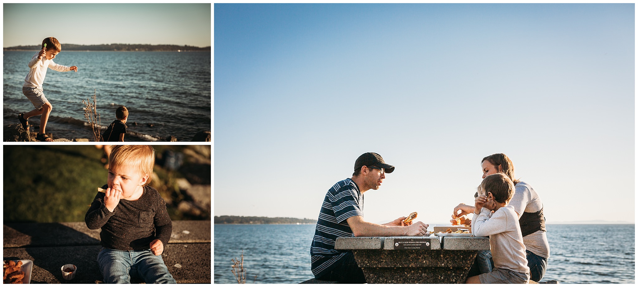 family sitting at picnic table along ocean