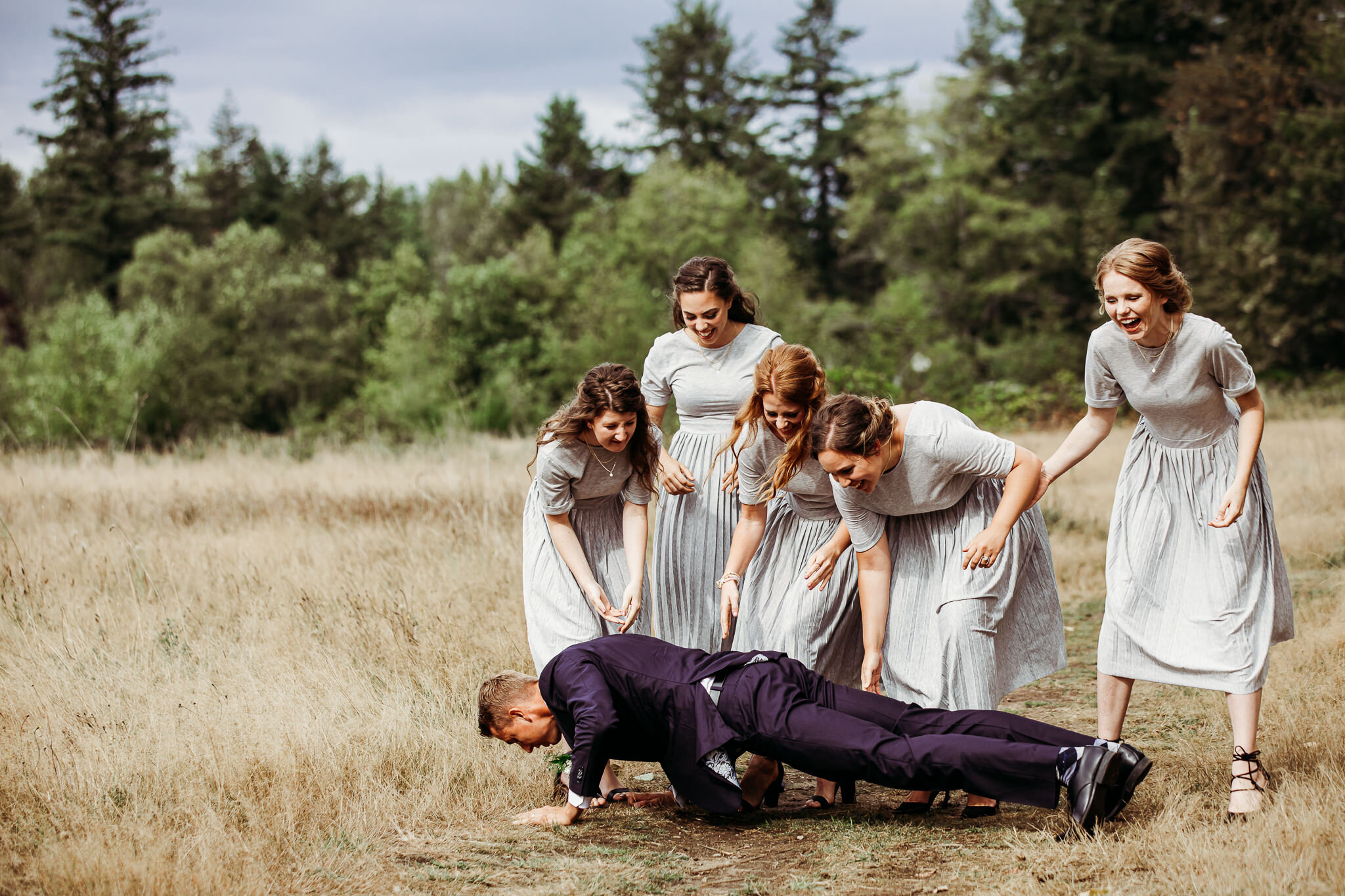 bridesmaids dropping groom Redwood Forest