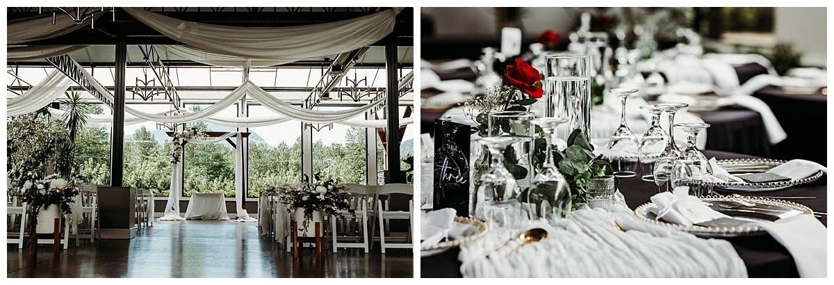 Bridlewood Wedding Venue ceremony and reception space set up for a wedding reception adorned with red roses on the tables.