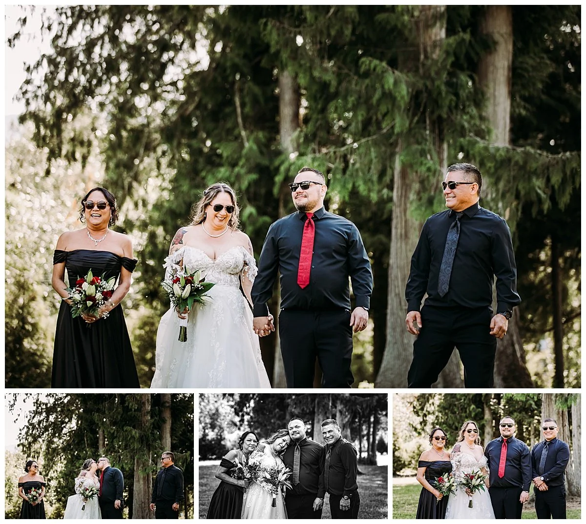 Bride, groom, and wedding party posing outdoors at Bridlewood Wedding Venue in Chilliwack
