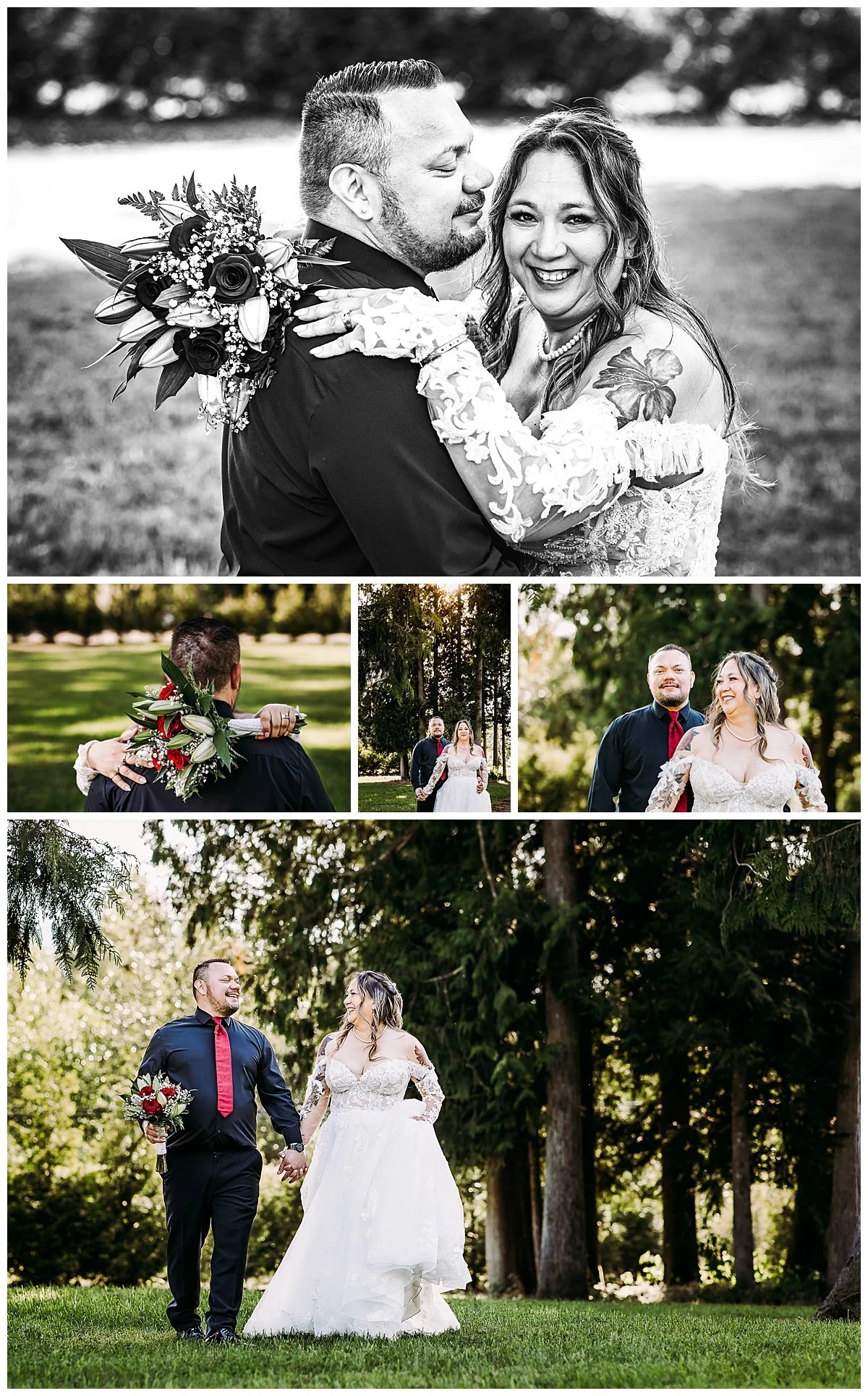 Bride and groom posing for portraits in the forested area of Bridlewoods Wedding Venue in Chilliwack BC.