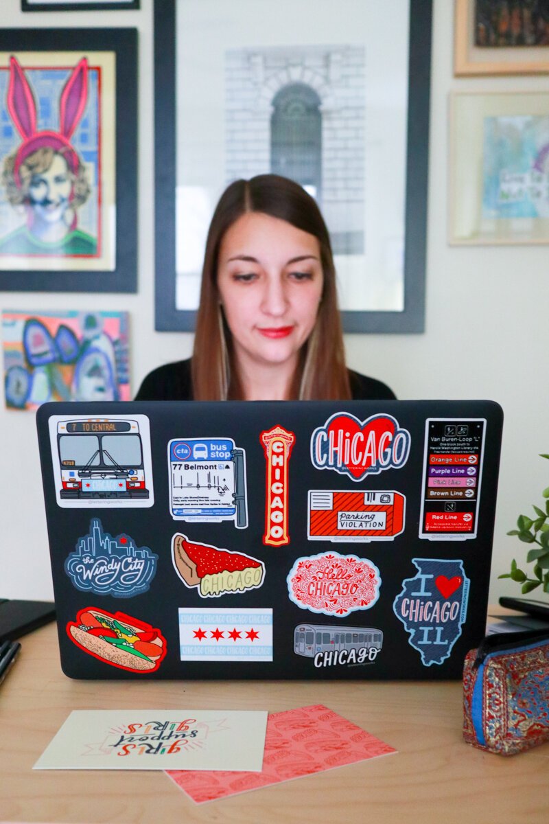  Chelsie’s studio with a collection of stickers she designed. 