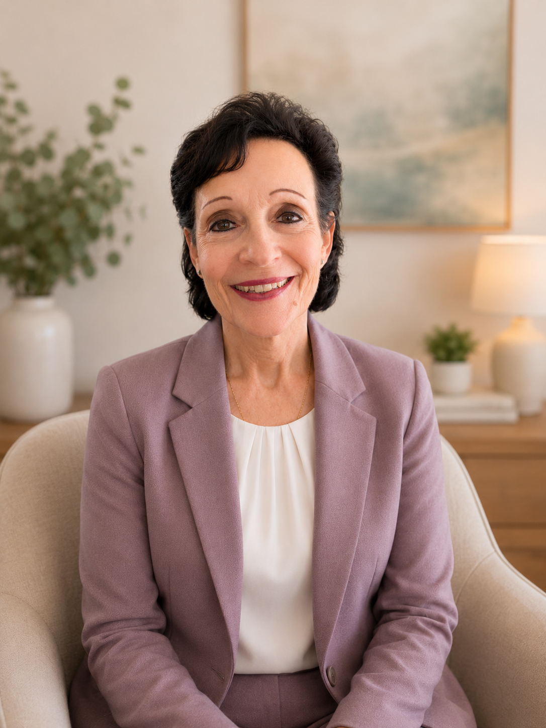 A smiling middle-aged woman with dark hair, wearing a light purple blazer and white top, sitting on a beige armchair in a cozy room with potted plants and a landscape painting behind her.