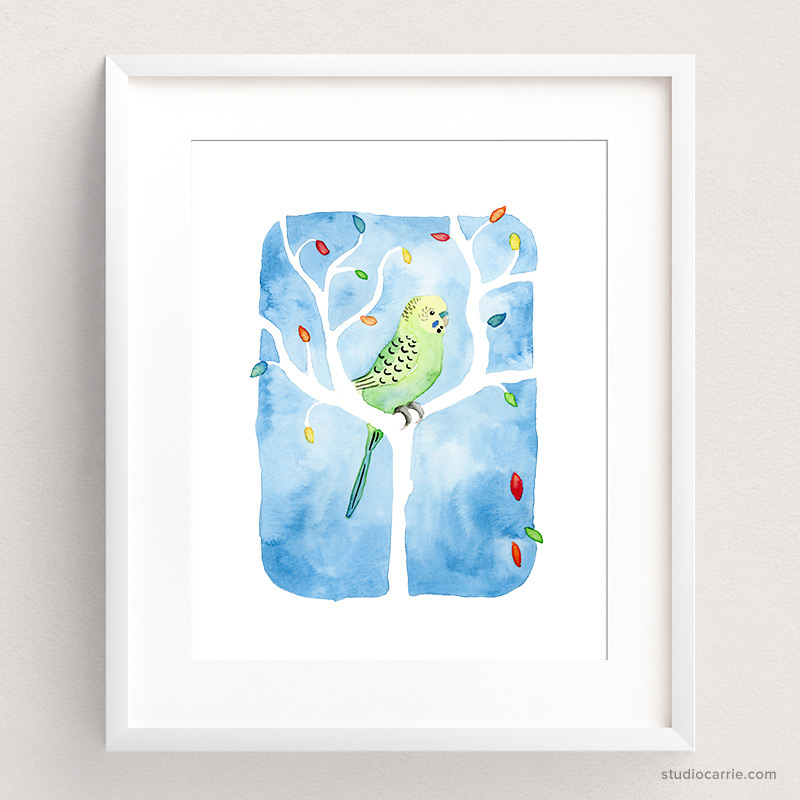Copy of Green Parakeet Watercolor Art Print by Carrie Chapko