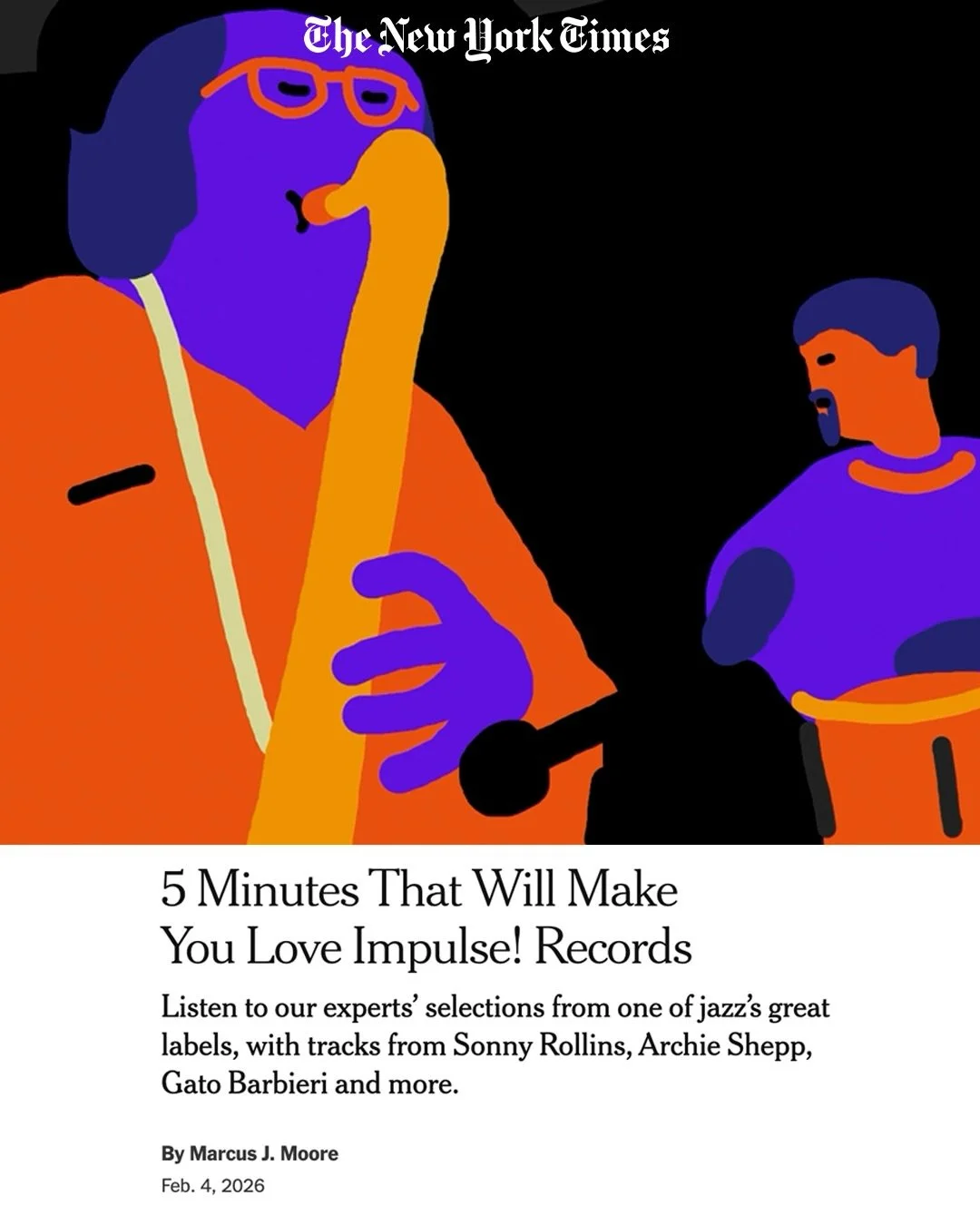 @_marcusjmoore has been curating an amazing series for the @nytimes: 5 minutes to make you love jazz. For this month&rsquo;s feature, he asked the @piquenique.nyc crew for a couple of deep cuts from the iconic @impulserecords catalog, going beyond th