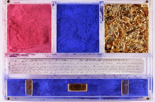 Ex-voto dedicated to Santa Rita of Cascia by Yves Klein , 1961 Dry pigment, gold leaves, gold bars and manuscript in a plexiglas box, 14 x 21 x 3.2 cm © Yves Klein / ADAGP, Paris, 2014