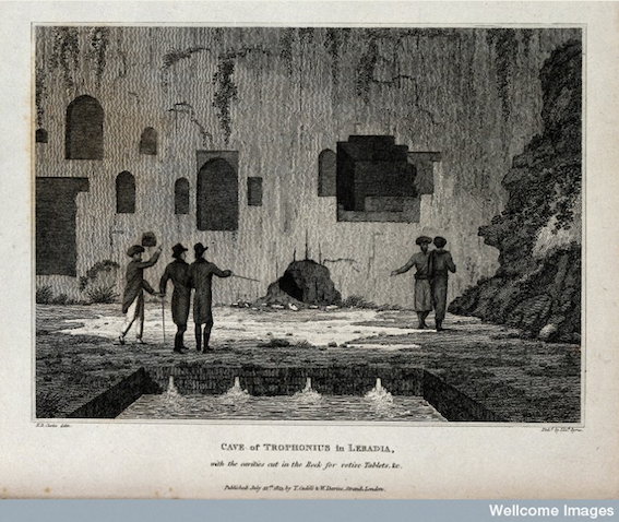 The cave of Trophonius. The cavities in the rock are for votive offerings.