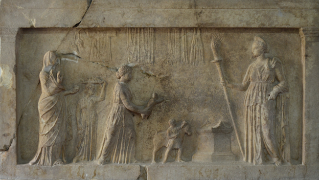 Fig. 2: Marble relief to Artemis from Ekhinos in Phthiotis. From the sanctuary of Artemis Lochia, Archaeological Museum of Lamia, inv. no. BE 1041. 121 × 68cm. End of fourth – beginning of third century BCE.