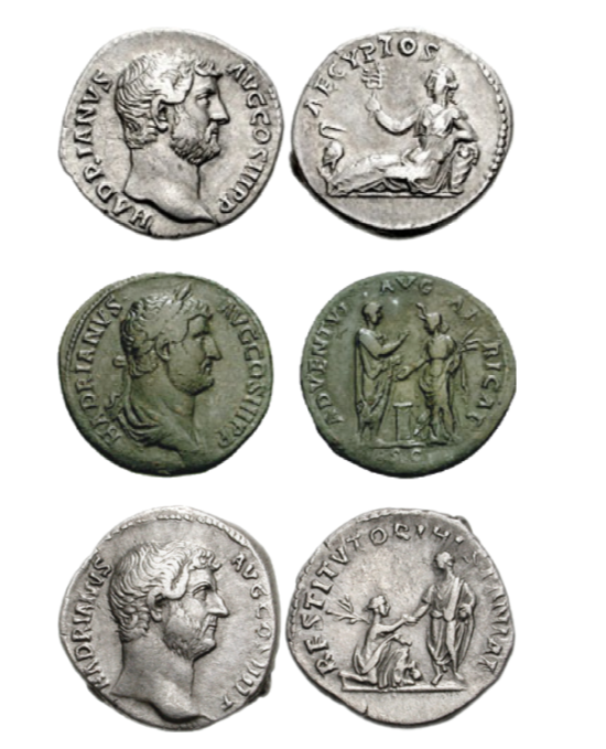 10 Hadrianic ‘Province’ coin, minted c. 134–138 CE. Silver denarius, diameter 17 mm. Private collection. Photo: courtesy of the Classical Numismatic Group, Inc., www.cngcoins.com. 11 Hadrianic ‘Adventus’ coin, minted c. 134–138 CE. Silver denarius, diameter 17 mm. Private collection. Photo: courtesy of the Classical Numismatic Group, Inc., www.cngcoins.com. 12 Hadrianic ‘Restitutor’ coin, minted c. 134–138 CE. Bronze sestertius, diameter 31 mm. Private collection. Photo: courtesy of the Classical Numismatic Group, Inc., www.cngcoins.com.