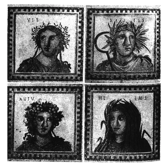 15. Details from Seasons Mosaic from the imperial palace at Ostia, showing (left to right, top to bottom) Spring, Summer, Autumn, Winter, mid-second century CE. Rome: San Paolo alle Tre Fontane.