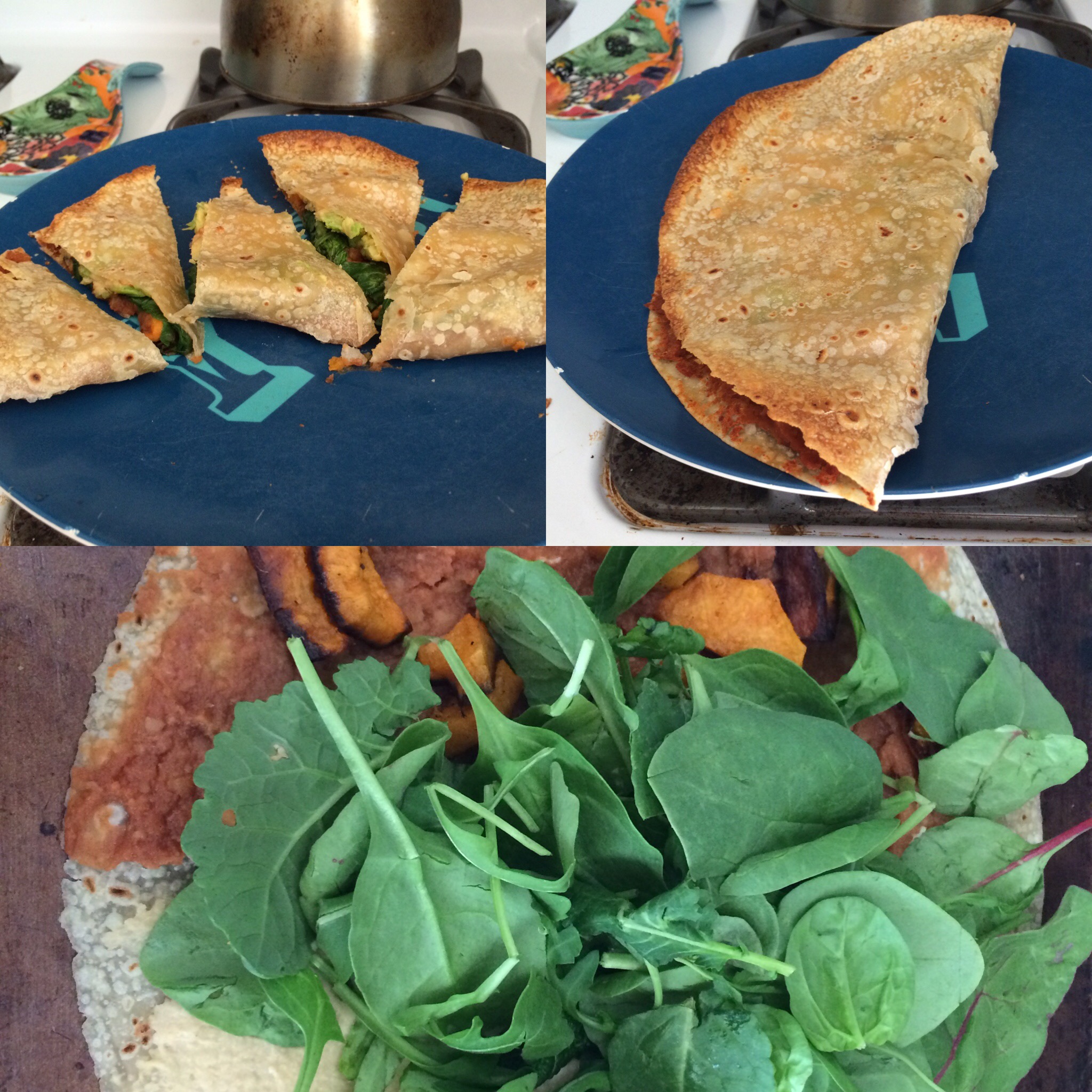 @PVDdoula post of cheese-less quesadillas. Refried beans, hummus, sweet potatoes, artichoke hearts and Trader Joe's Power Greens.