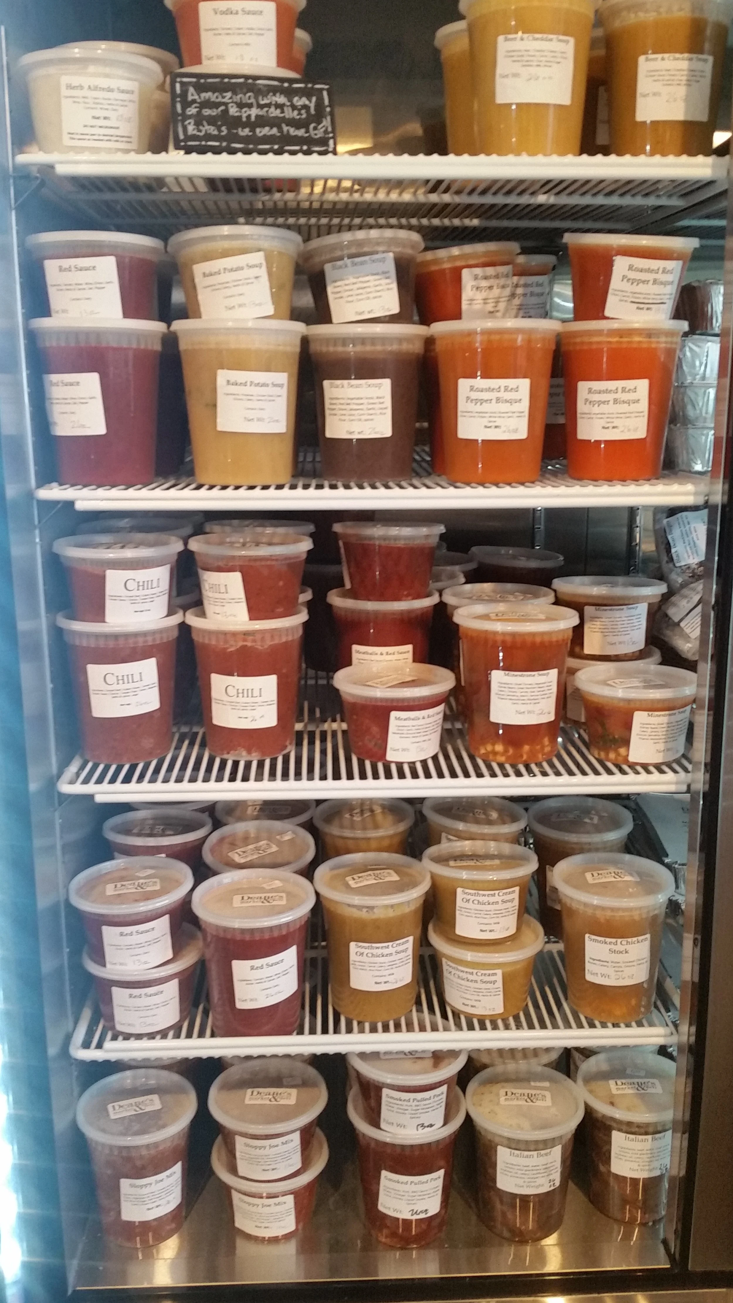 Our famous soups with house stock: Southwest Cream of Chicken, Beer & Cheddar, Roasted Fennel, Minestrone, Tomato Basil and many more. Pair one with a baguette and salad - dinner! Did we mention our chili or home made pasta sauces?