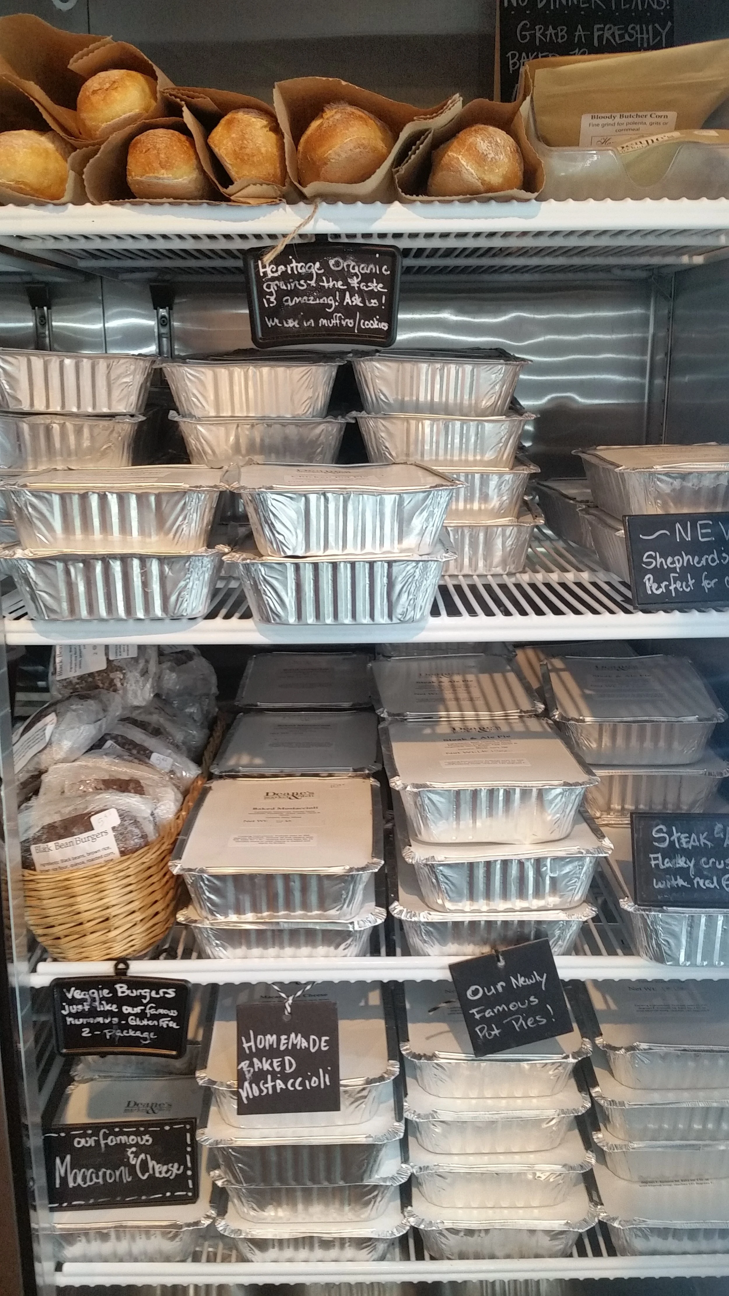 Home made meals ready to heat! Chicken Pot Pie, Steak & Ale Pie, Mostaccioli, Black Bean Burgers, Shepher'd Pie, Mac & Cheese and so much more all from our kitchens. 