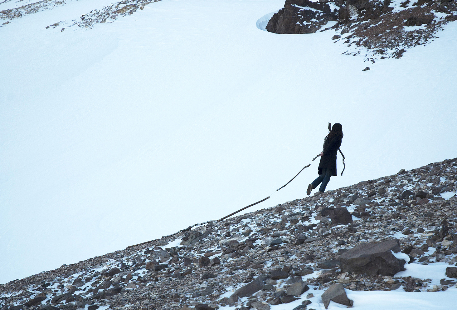 Cordillera de los Andes, escalando con los palos . 2013. Fotografía de la serie de performance de caminatas con los palos: Caminatas, el cuerpo y la prótesis, 2010-2014. Impresión Lambda. 80 x 120 cm. Andes Mountain, climbing with the sticks, 2013 . From the series of performance with the sticks: Walks, The Body and the Prosthetic, 2010-2014. Lambda print, 80 x 120 cm.