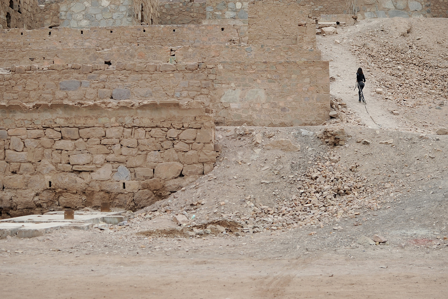 Ruinas, arrastrando los palos. 2011. Fotografía de la serie de performance de caminatas con los palos: Caminatas, el cuerpo y la prótesis, 2010-2014. Impresión Lambda. 80 x 120 cm. Ruins, dragging the sticks. 2011. From the series of performance with the sticks: Walks, The Body and the Prosthetic, 2010-2014. Lambda print, 80 x 120 cm.