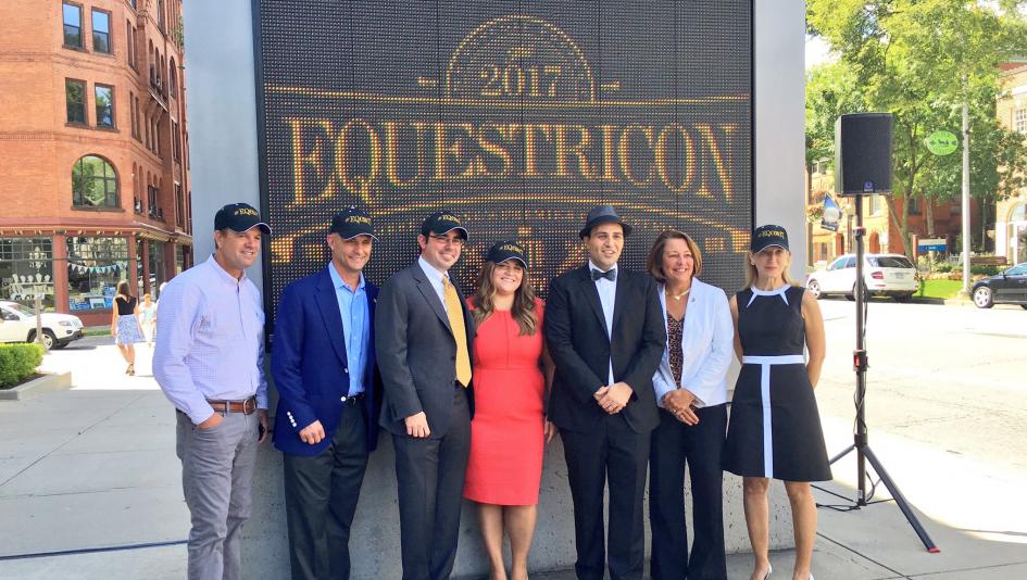 Finley (pictured second from left) joined Equestricon founders Justin Nicholson, Kathryn Sharp and Dan Tordjman at the convention-launch announcement last September. Advisory board members Graham Motion (far left) and Anne Poulson (far right), as well as Saratoga Springs Mayor Joanne Yepsen (second from right), were also present for the announcement of the first ever international horse racing convention. 