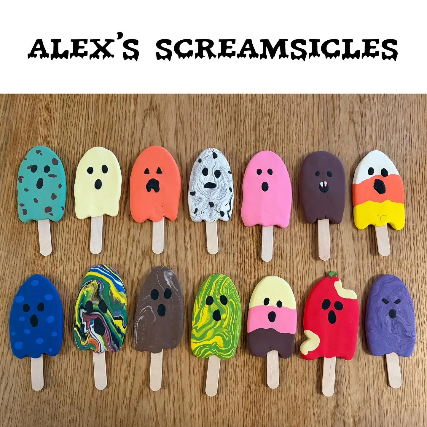 Had such a blast making these &ldquo;Screamsicles&rdquo; for our family costume 🍦 Came up with some spooky flavor names 🖊️ These are made out of Crayola Model Magic (sorry you can&rsquo;t eat them lol) 🖍️ Matching tshirts with our logo 🤍🩷🤎 #wea