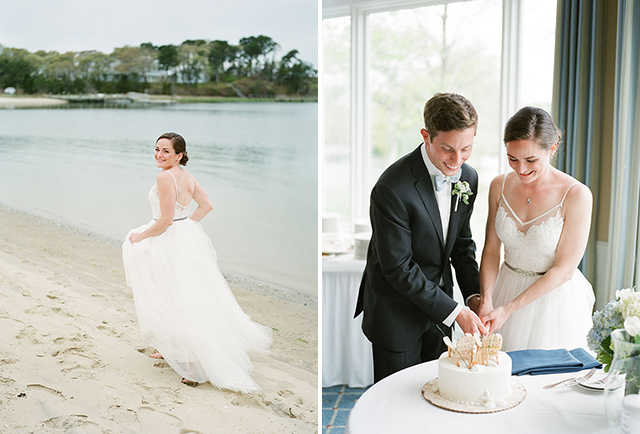 cape wedding photos of couple cutting the cake and bride walking down the beach