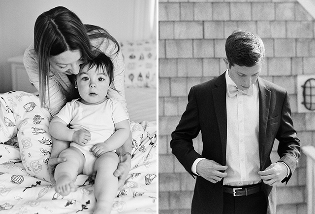 black and white film photography or a family in their home and a groom putting on a bowtie