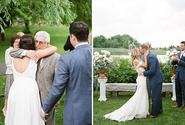 father hugs bride after elopement in downtown boston