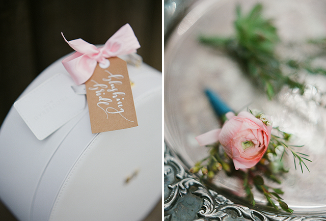 elegant wedding day details including hand written name tags and beautiful floral design