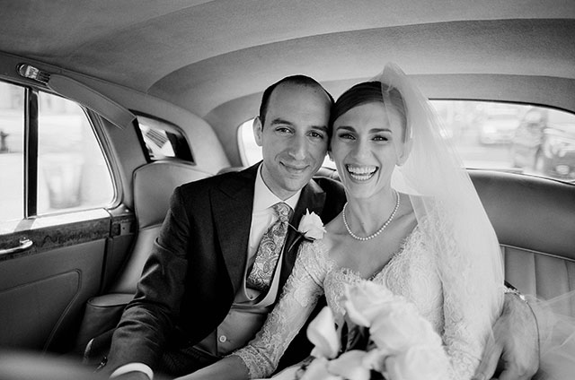 vintage car rental in manhattan and portrait of bride and groom riding in one